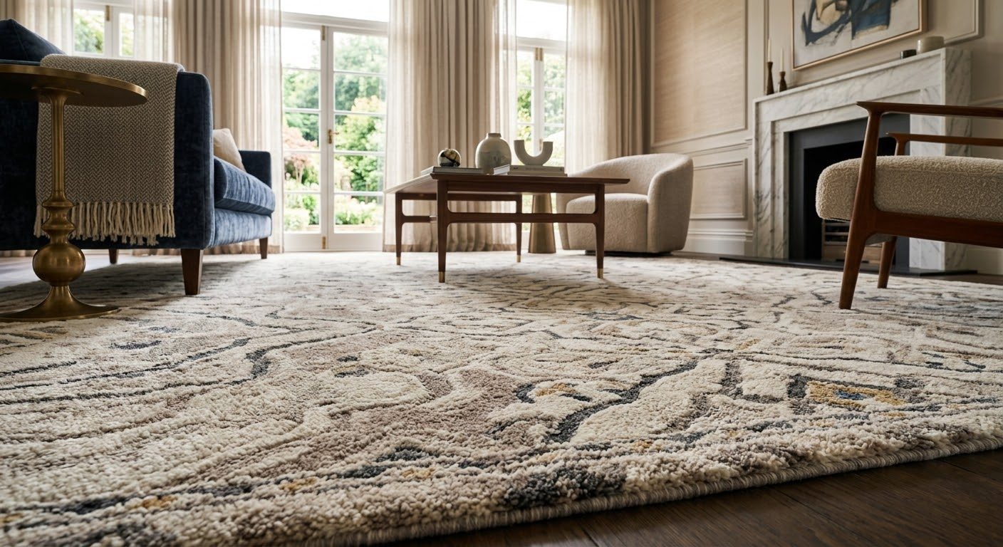 Living room with a large textured area rug