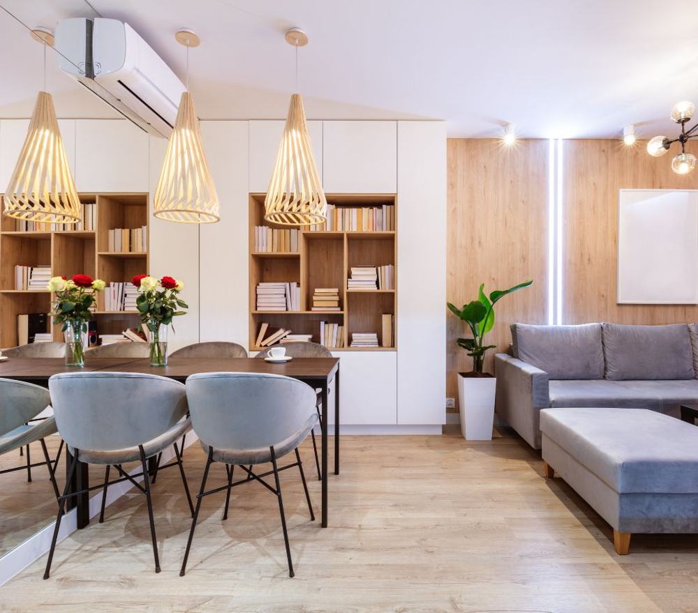 Living and dining room with light vinyl plank floor